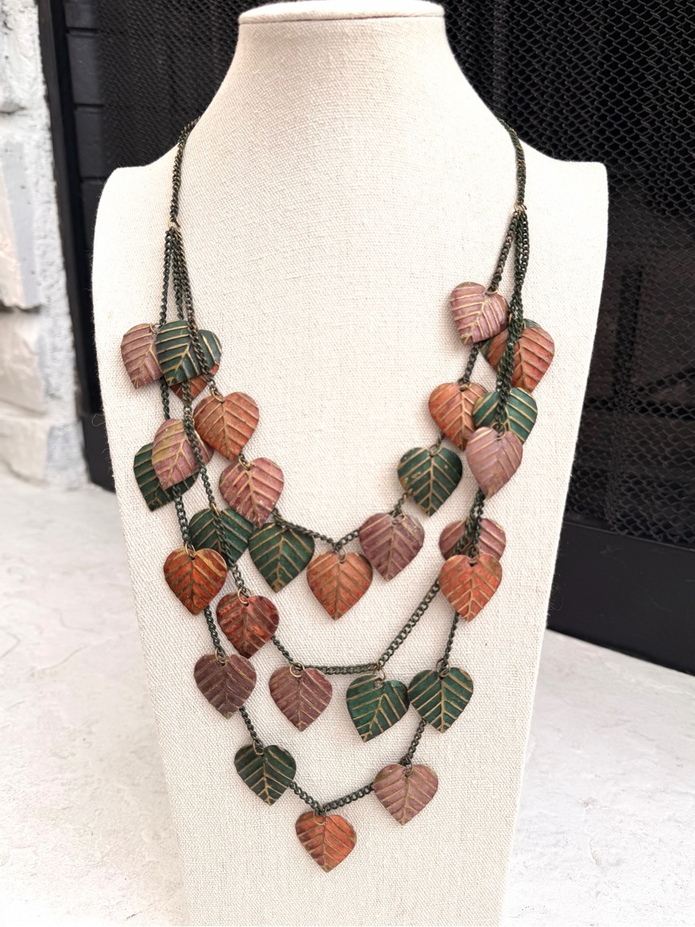 Multicolor Metal Leaf Layered Boho Statement Necklace 23”